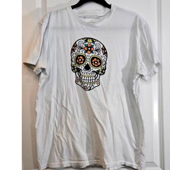 Aeropostale Men’s Large White Sugar Skull Graphic Short Sleeve Cotton T-Shirt - Picture 1 of 5